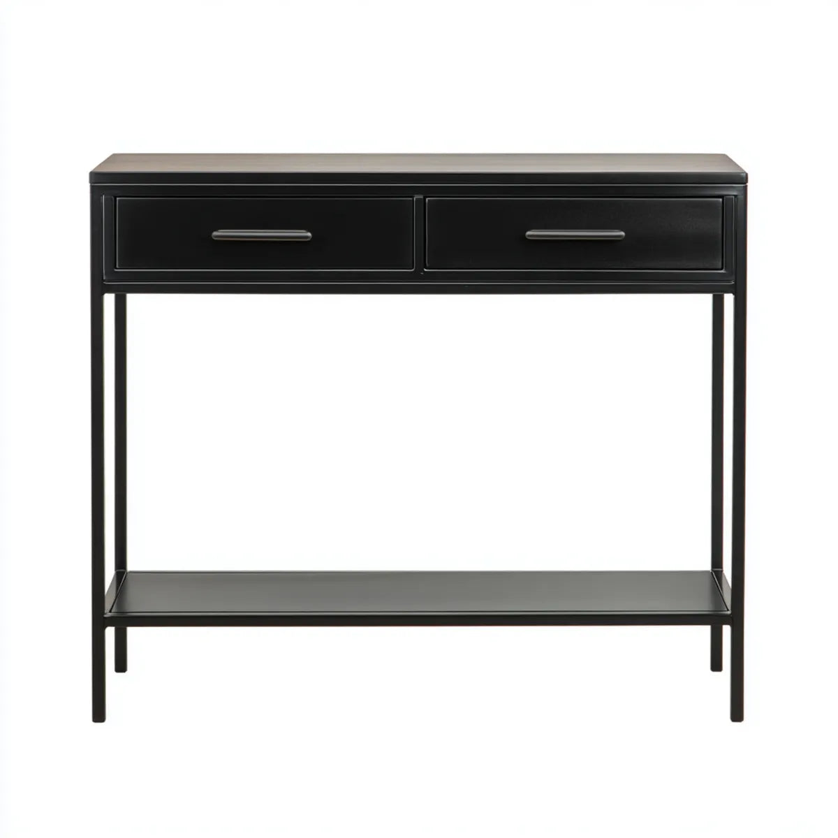 Konsola do przedpokoju, Prostokątny czarny stalowy stół konsoli wejściowej i panele MDF z 2 szufladami 100 x 35 x 80 cm