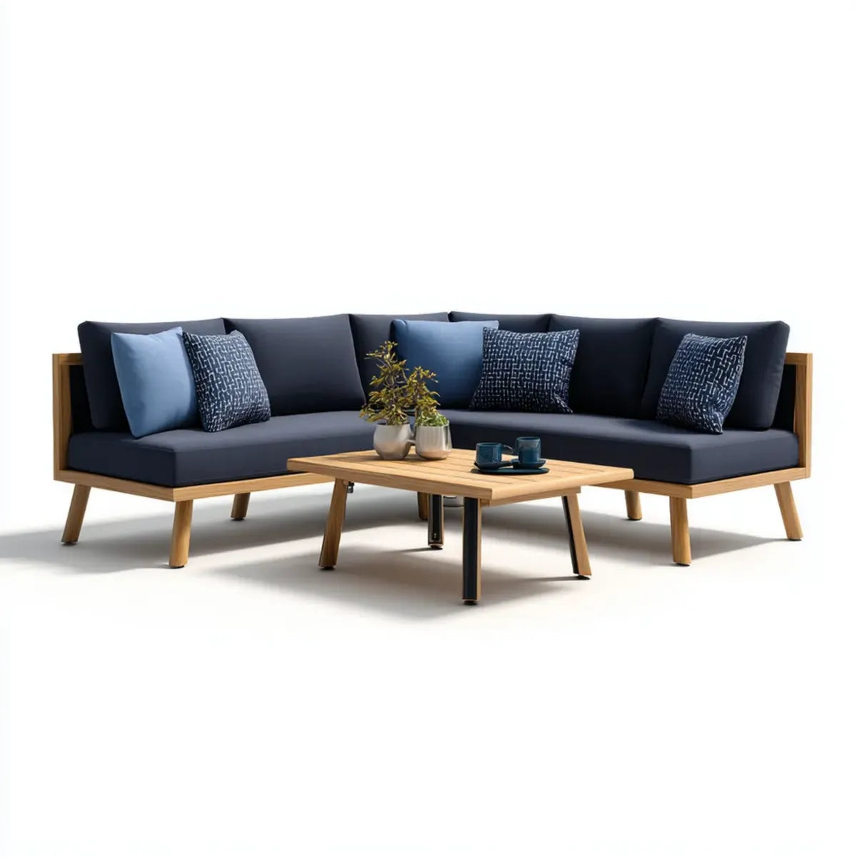 Sofa ogrodowa, Zestaw kątowych siedzeń ogrodowych z ciemnoniebieskim stołem i drewna akacjowego 240 x 180 x 75 cm