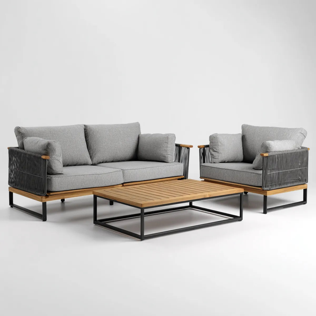 Sofa ogrodowa, Zestaw do siedzenia w ogrodzie 3 kawałki szaro-czarny z sofą 2 fotele i prostokątna stół w stali acacia i liny 180 x 78 x 75 cm