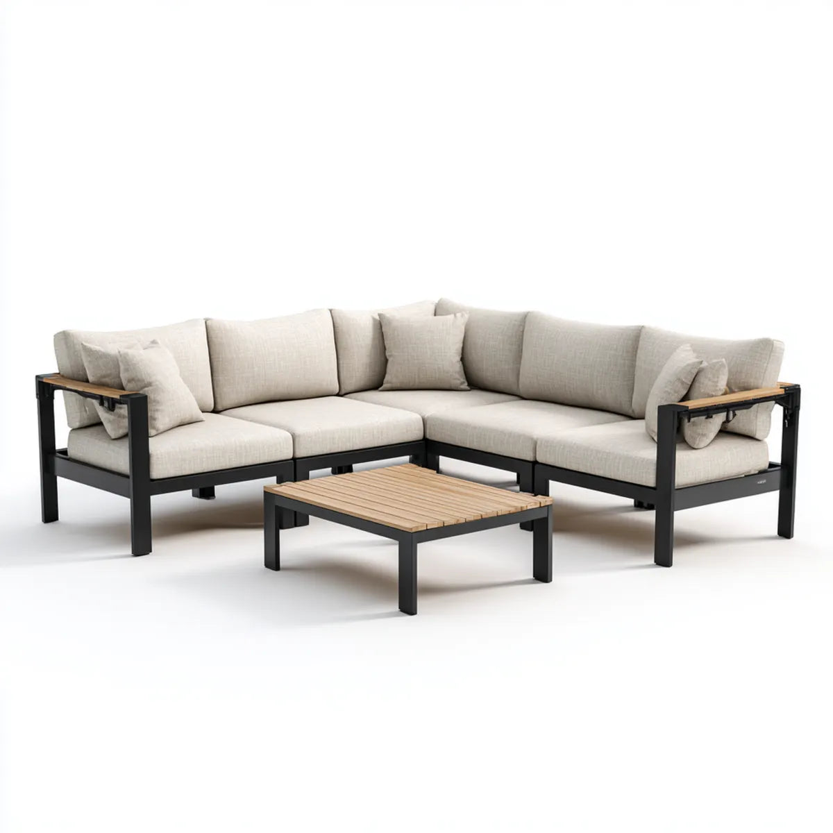 Sofa ogrodowa, Zestaw foteli ogrodowych 4 beżowe i czarne z tabeli 240 x 240 cm w poliestrze i akacji aluminium