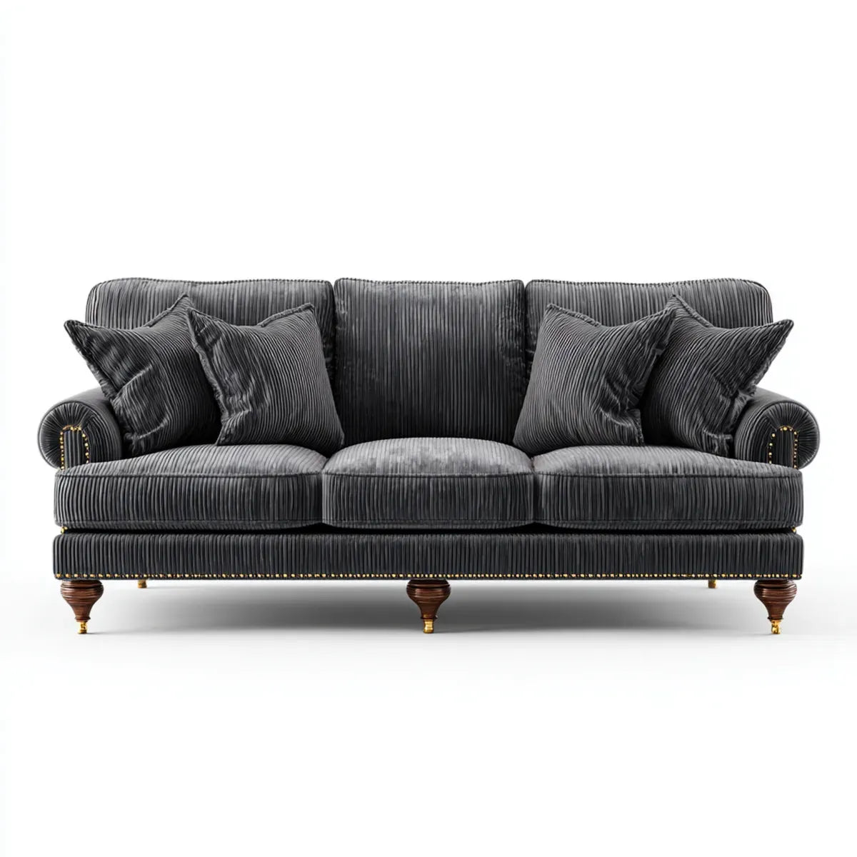 Sofa, 3 fotela szara antracyt 220 x 95 x 90 cm w poliestrowym, żebrowanym aksamicie prostym