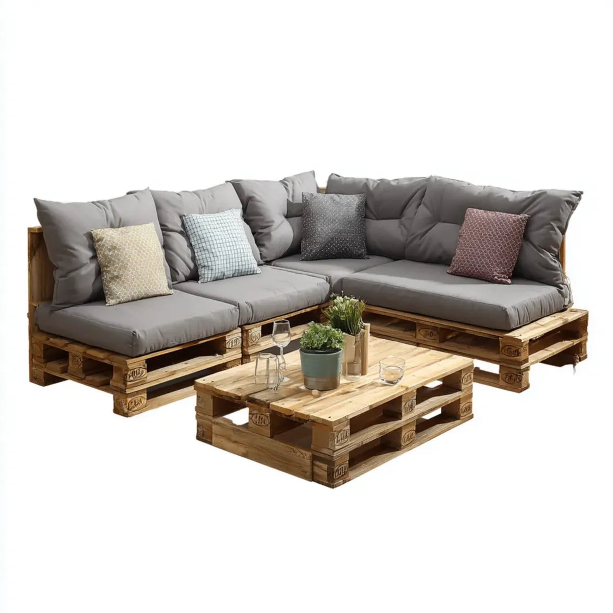 Sofa ogrodowa, Zestaw narożnej sofy ogrodowej z szarym stołem 240 x 160 cm w litym drewnie sosny w kształcie litery L