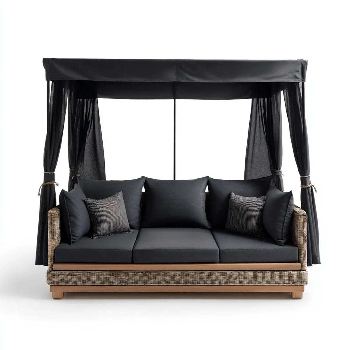 Sofa ogrodowa, 3 fotela ogrodowa z prostokątnym czarnym baldachimem 220 x 100 x 200 cm w PE i rattan stalowy
