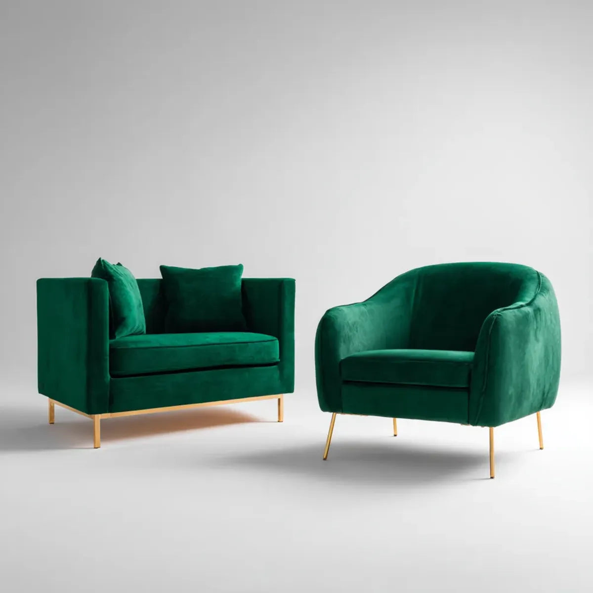 Sofa, 2 fotel sofa zestaw i fotel okrągłe w zielony szmaragdowy poliester aksamit ze stalowych nóg 128 x 78 x 80 cm i 82 x 80 x 80 cm