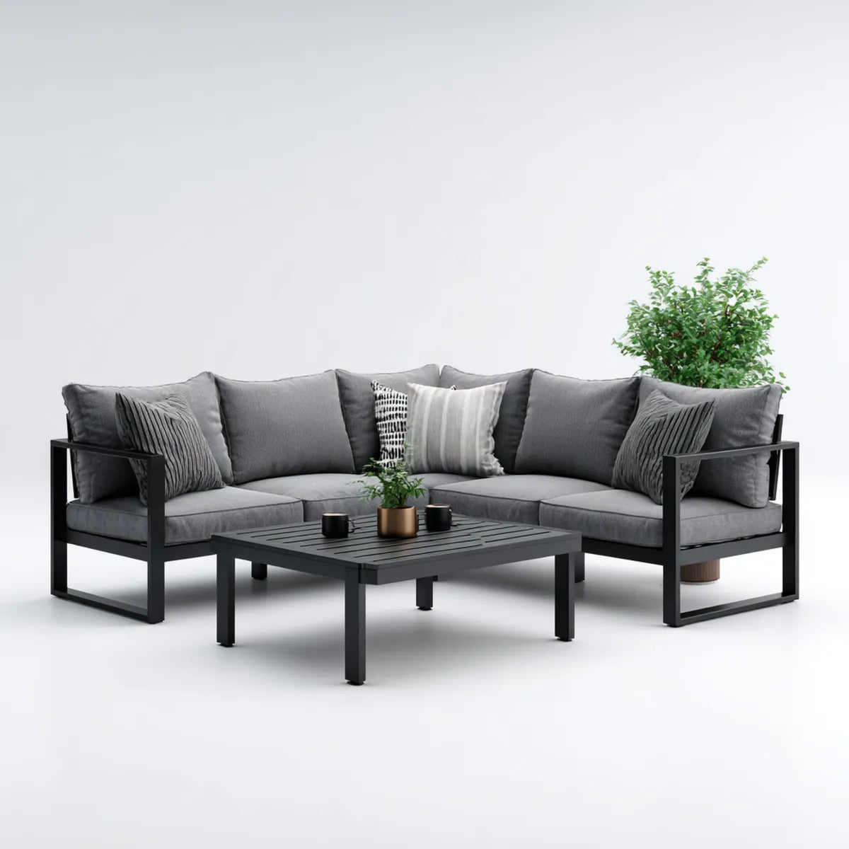 Sofa ogrodowa, Zestaw kanapa narożna ogrodowa 3 fotele z szarym antracytem stół 210 x 210 x 68 cm w aluminiowym pokryciu proszkowym L