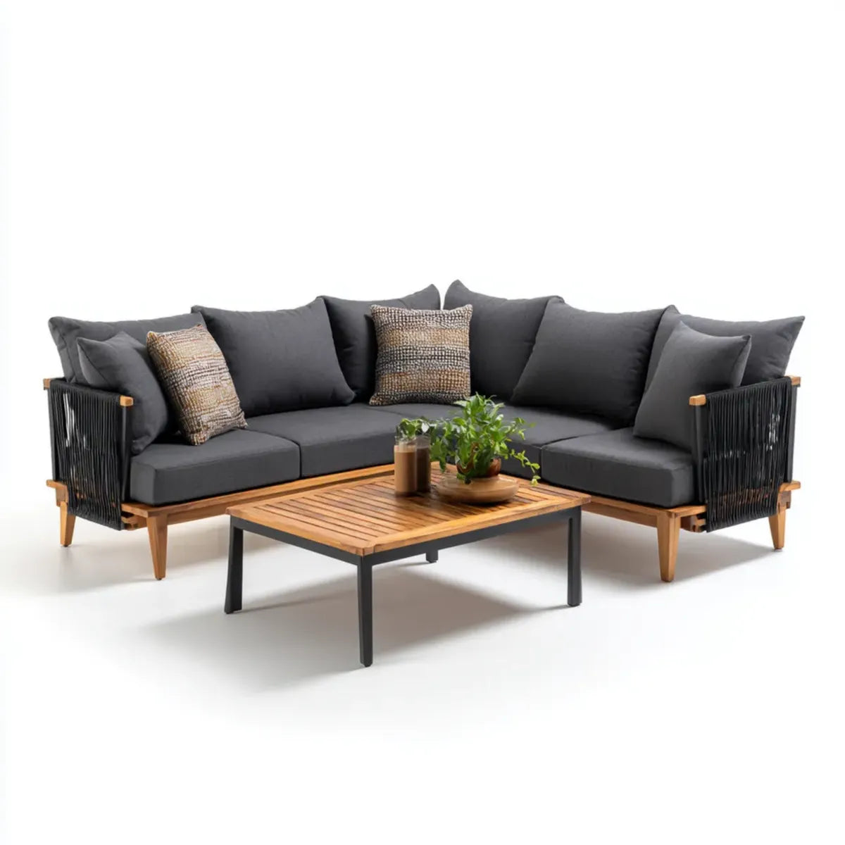 Sofa ogrodowa, Zestaw antracytu kątowej sofy ogrodowej w litym drewnie z akacją z linami PP i tabeli 240 x 240 x 75 cm