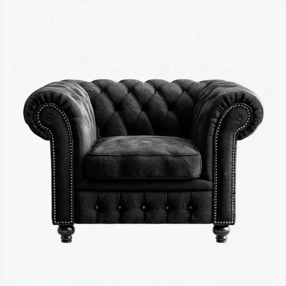 Fotel, Chesterfield fotel czarny w poliestrze aksamit poliestrowy kapitalizowany 110 x 90 x 75 cm