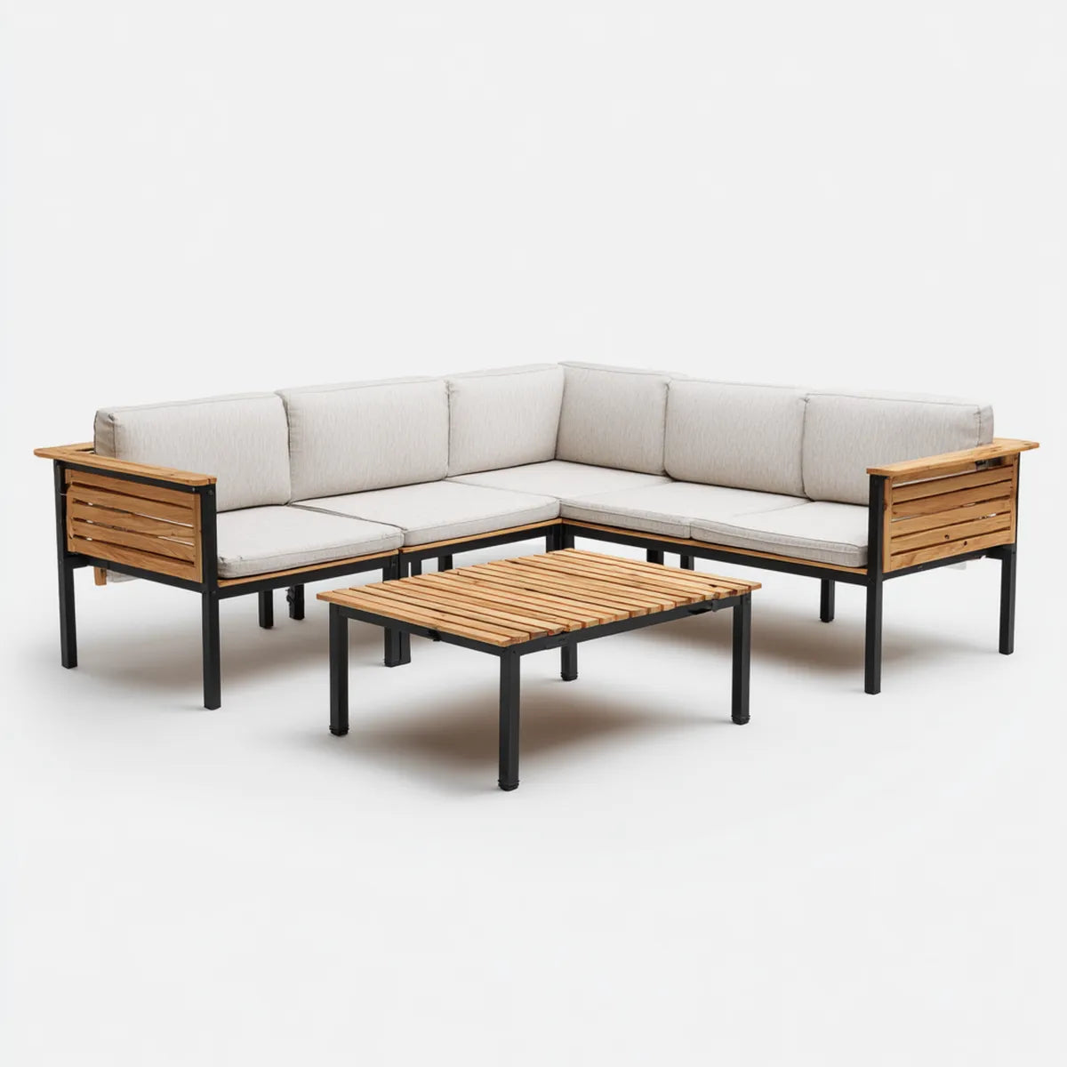 Sofa ogrodowa, Zestaw beżowy i naturalny narożnik kanapa ogrodowa 220 x 220 x 75 cm w akacji i stali poliestrowej z prostokątnym stole