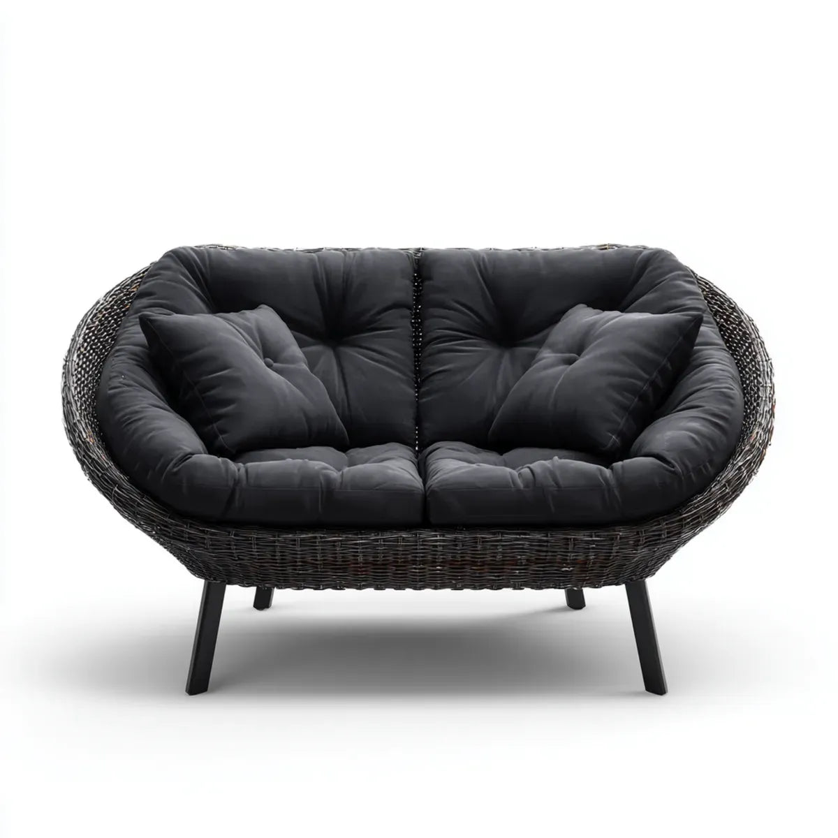 Sofa ogrodowa, Okrągły ogród sofa 2 czarne siedzenia 130 x 75 cm w rattan PE i stali, 130 x 75 x 75 cm