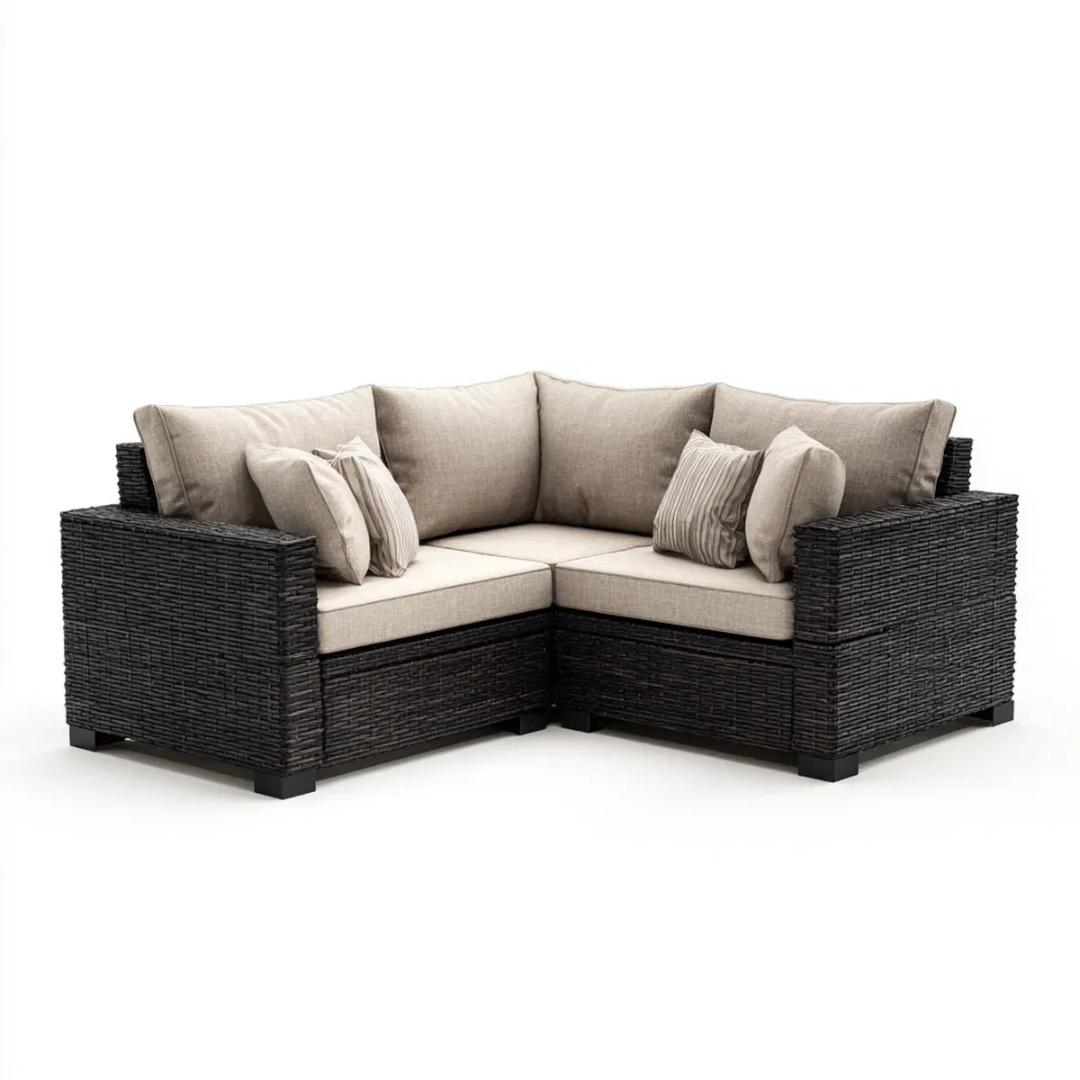 Sofa ogrodowa, Rożna sofa ogrodowa 2 czarne i beżowe rattan PE 200 x 200 x 85 cm