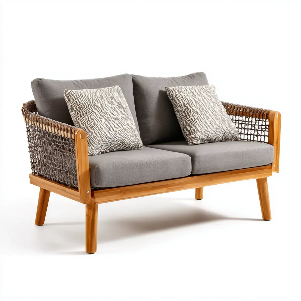 Sofa ogrodowa, Tapczan ogrodowy 2 miejsca szary bambus z przeplataniem liny 125 x 75 cm x 78 cm, 125 x 75 x 78 cm
