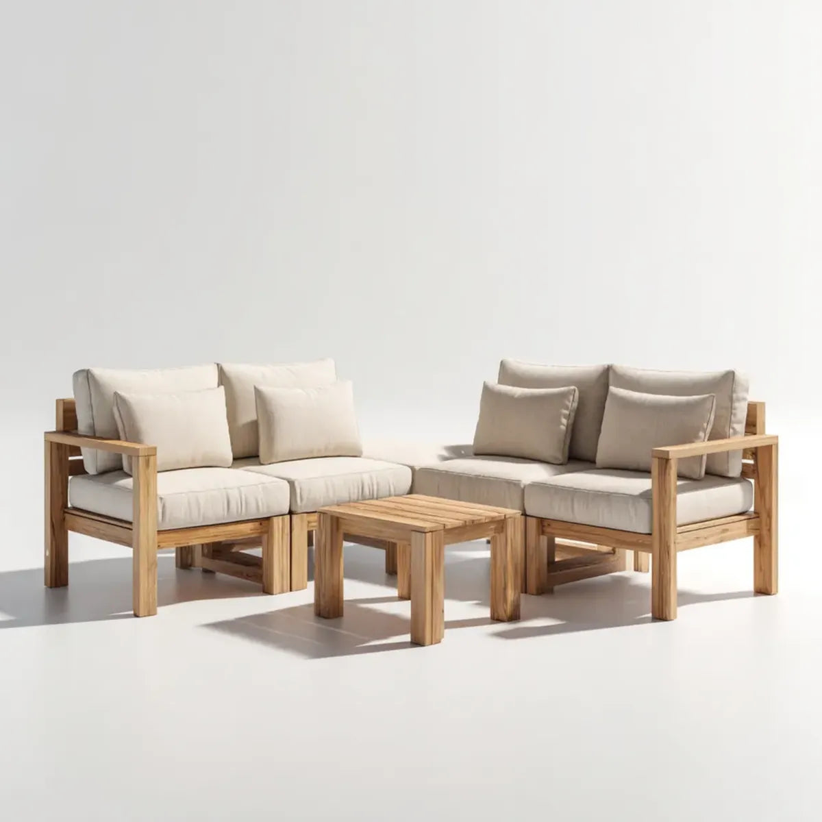 Sofa ogrodowa, Zestaw ogrodowy 2 sofy 2 fotele z beżowym stołem w litym drewnie acacia 130 x 70 x 70 cm