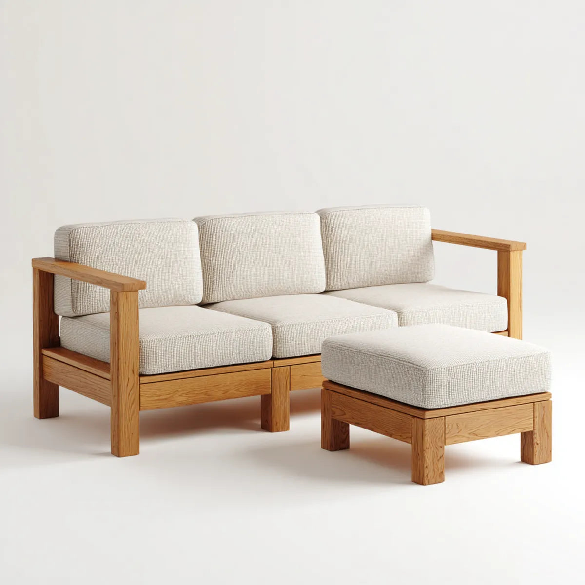 Sofa ogrodowa, 3 fotele sofa ogrodowa z beżowym ottomanem w litym drewnie akacjowym 210 x 80 x 75 cm z ottomanem 75 x 60 x 38 cm