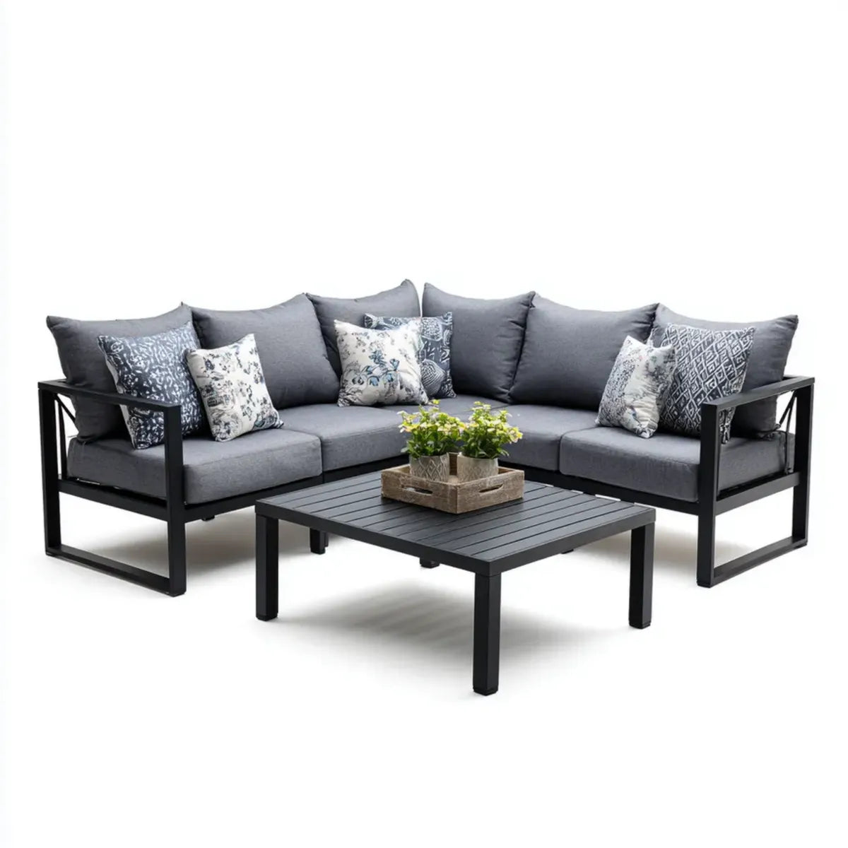 Sofa ogrodowa, Ustaw kanapę narożną ogrodową 5 foteli szarego antracytu w aluminium 196 x 196 x 75 cm z tabelą 100 x 60 x 45 cm