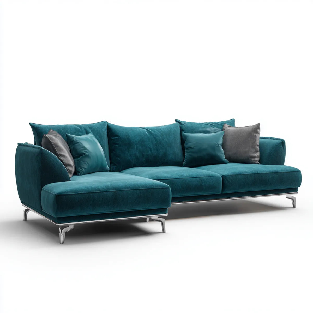 Sofa z lewym, niebieskim kaczuszkiem z aksamitu poliestrowego 300 x 170 x 85 cm