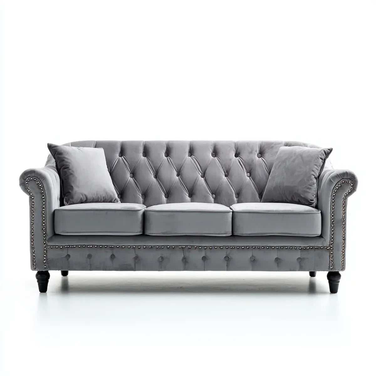 Sofa, 3 fotela szara 220 x 90 x 78 cm poliestrowy aksamit szkło proste