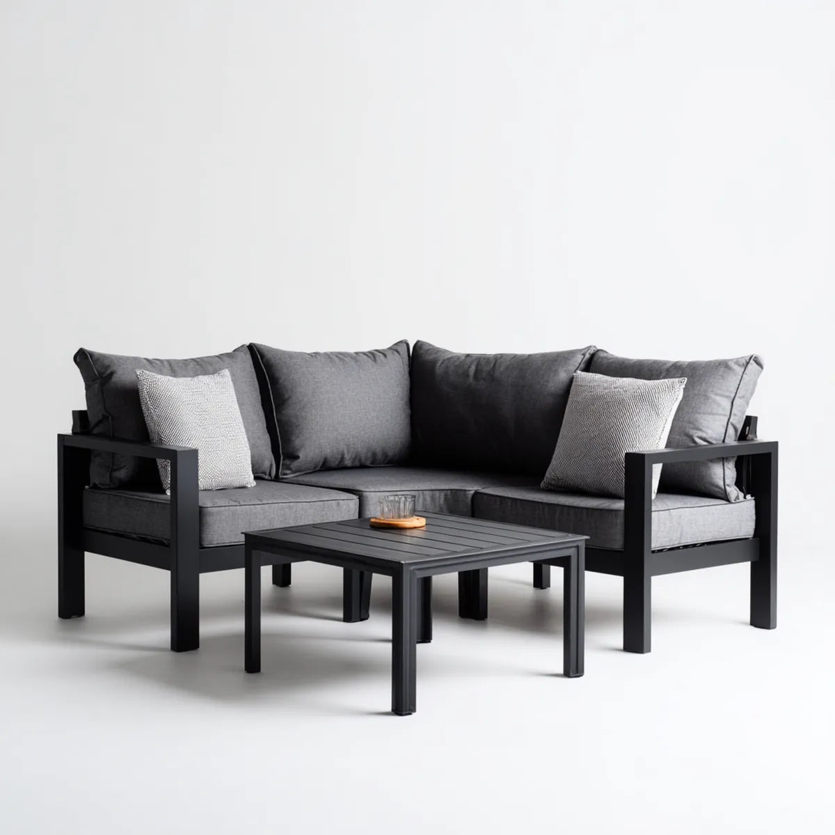 Sofa ogrodowa, Zestaw kanapa ogrodowa 3 fotele z czarnym i szarym stołem w aluminium i prostokątnym poliestrowym 210 x 75 x 70 cm