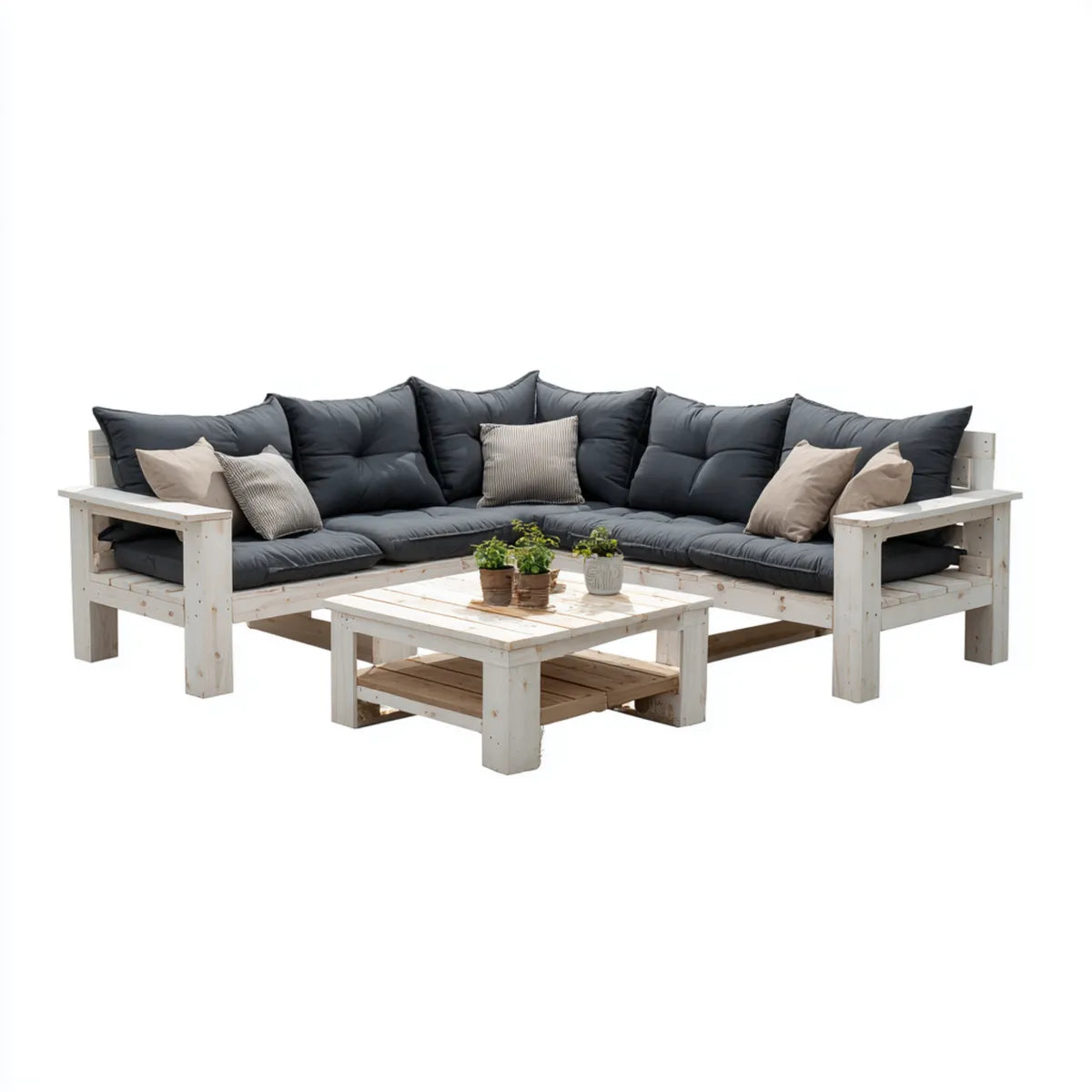 Sofa ogrodowa, Zestaw narożnej sofy ogrodowej z szarym i białym stołem w litym drewnie sosnowym 240 x 240 x 70 cm