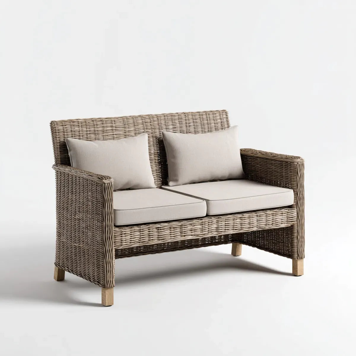 Sofa ogrodowa, Tapczan ogrodowy 2 brązowe i beżowe siedzenia 140 x 75 x 82 cm w naturalnym prostokątnym rattanie