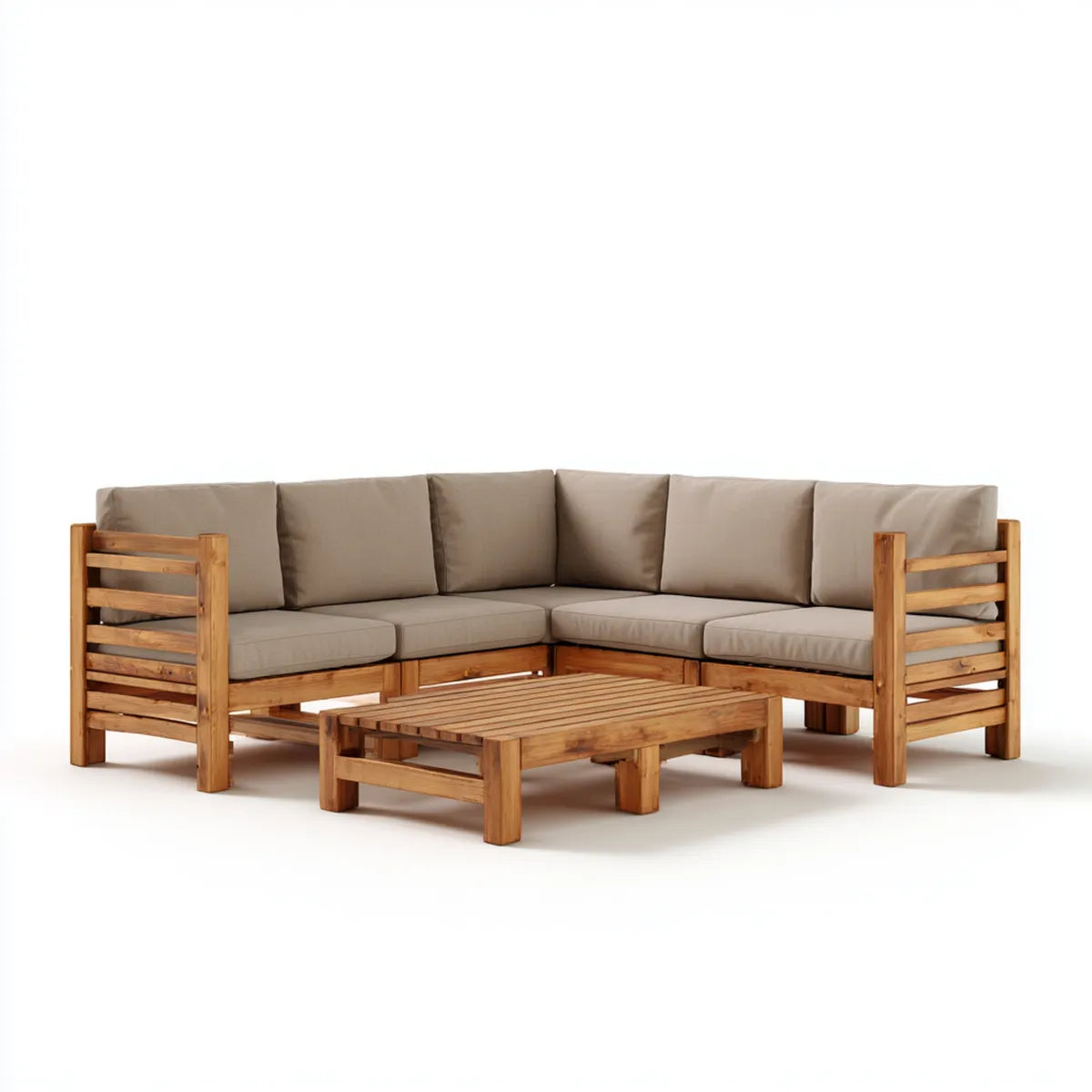Sofa ogrodowa, Zestaw kątowej sofy ogrodowej 5 beżowych foteli w litym drewnie z prostokątnym stołem 250 x 250 x 75 cm