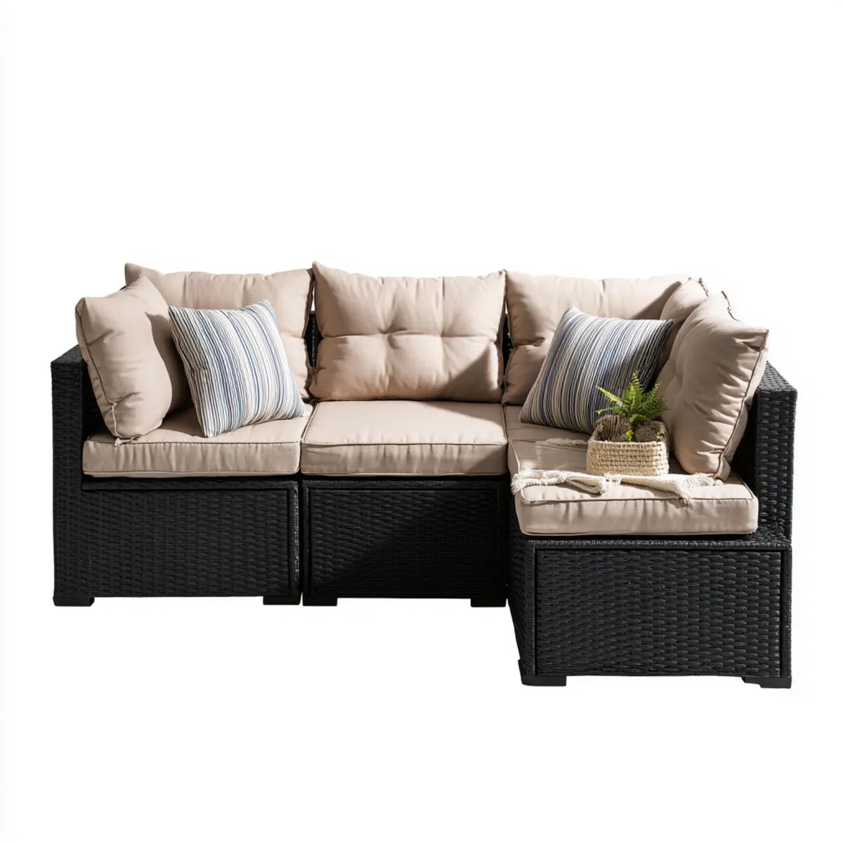 Sofa ogrodowa, Kanapa ogrodowa narożna 3 czarne i beżowe siedzenia 210 x 140 x 65 cm w PE i rattan stalowy