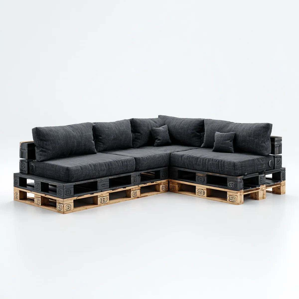 Sofa ogrodowa, Zestaw 5 miejsc czarnych i naturalnych w litym drewnie sosnowym 240 x 160 x 75 cm