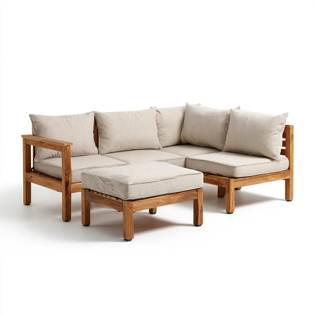 Sofa ogrodowa, Zestaw kanapy ogrodowej z paskami beżowymi ottomans w litym drewnie acacia 206 x 206 x 70 cm