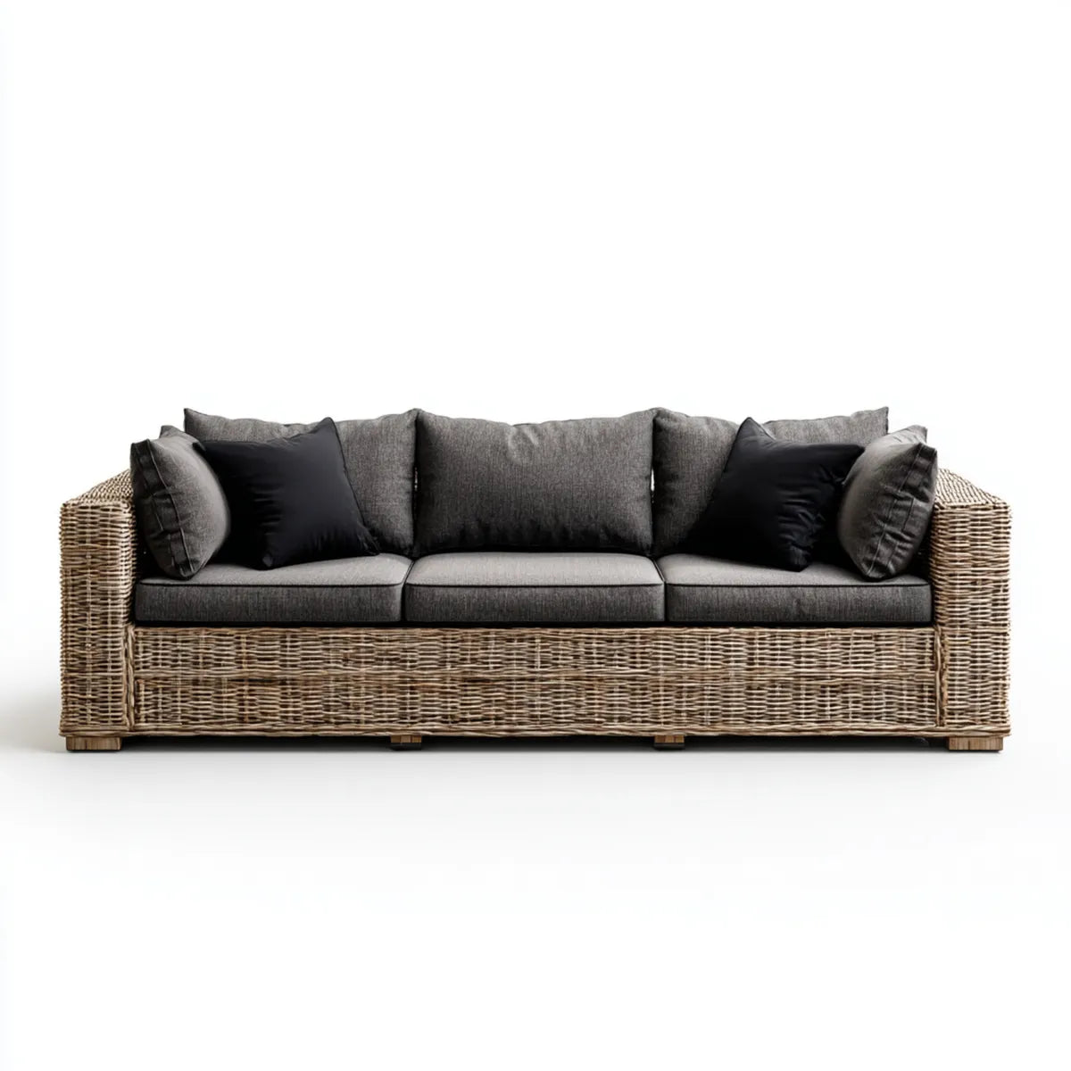 Sofa ogrodowa, Taras sofa 3-osobowa Przyroda Szara czarny rattan z poliestrową tapicerką prostokątną 210 x 85 x 78 cm