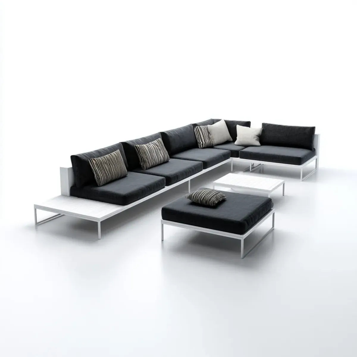 Sofa ogrodowa, Zestaw narożnych sof ogrodowych 4 czarno-białe fotele z puf i aluminium stoły 285 x 215 x 65 cm