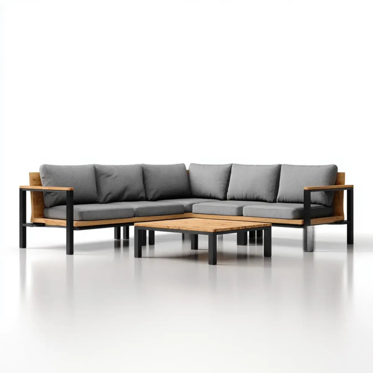 Sofa ogrodowa, Zestaw kanapa narożna ogrodowa 5 foteli z naturalnego i szarego stołu 250 x 190 cm w aluminium i litego drewna acacia