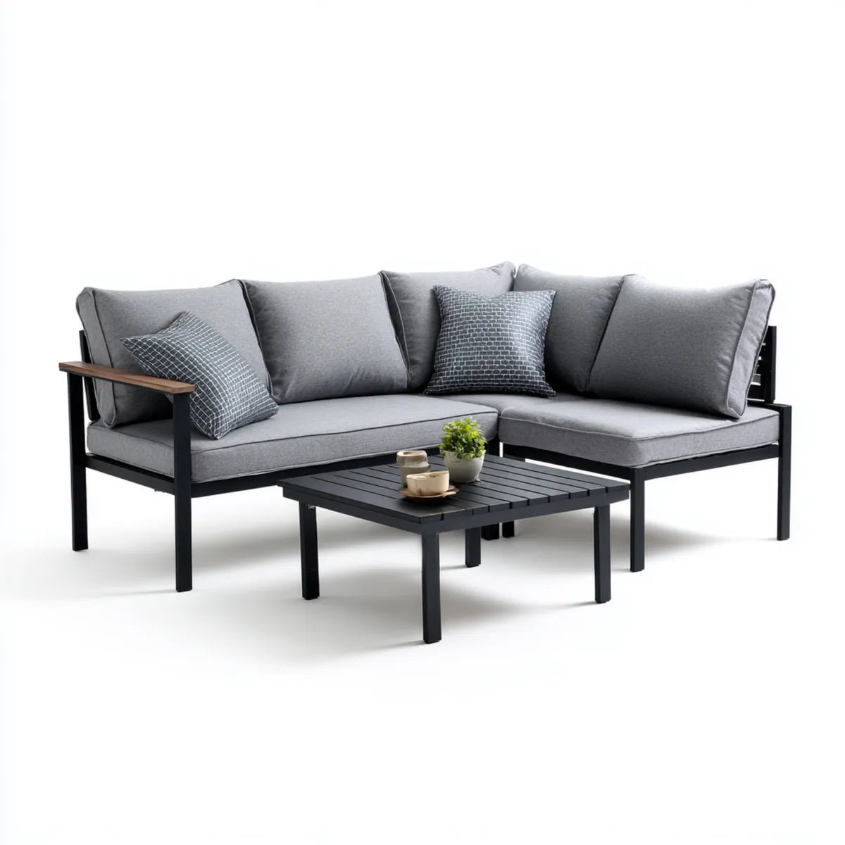 Sofa ogrodowa, Zestaw kanapy ogrodowej z szarym stołem antracytu 200 x 140 cm w stali powlekanej proszkowo i poliestru L