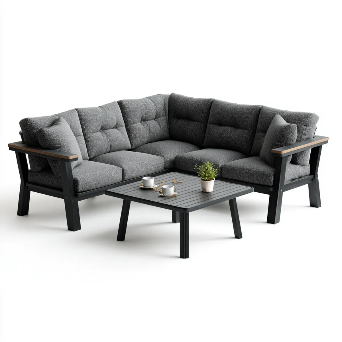 Sofa ogrodowa, Zestaw foteli ogrodowych 4 fotele z szarym antracytem w aluminium i poliestrze 220 x 220 x 75 cm z prostokątnym stołem 100 x 60 x 42 cm