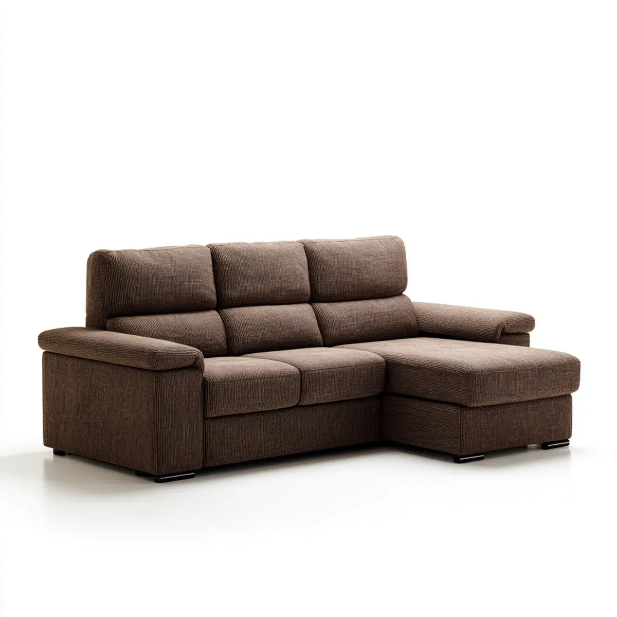 Sofa, 3 fotela z szezlongiem prawego brązowego w poliestrowym aksamicie żebrowanym 250 x 160 x 88 cm