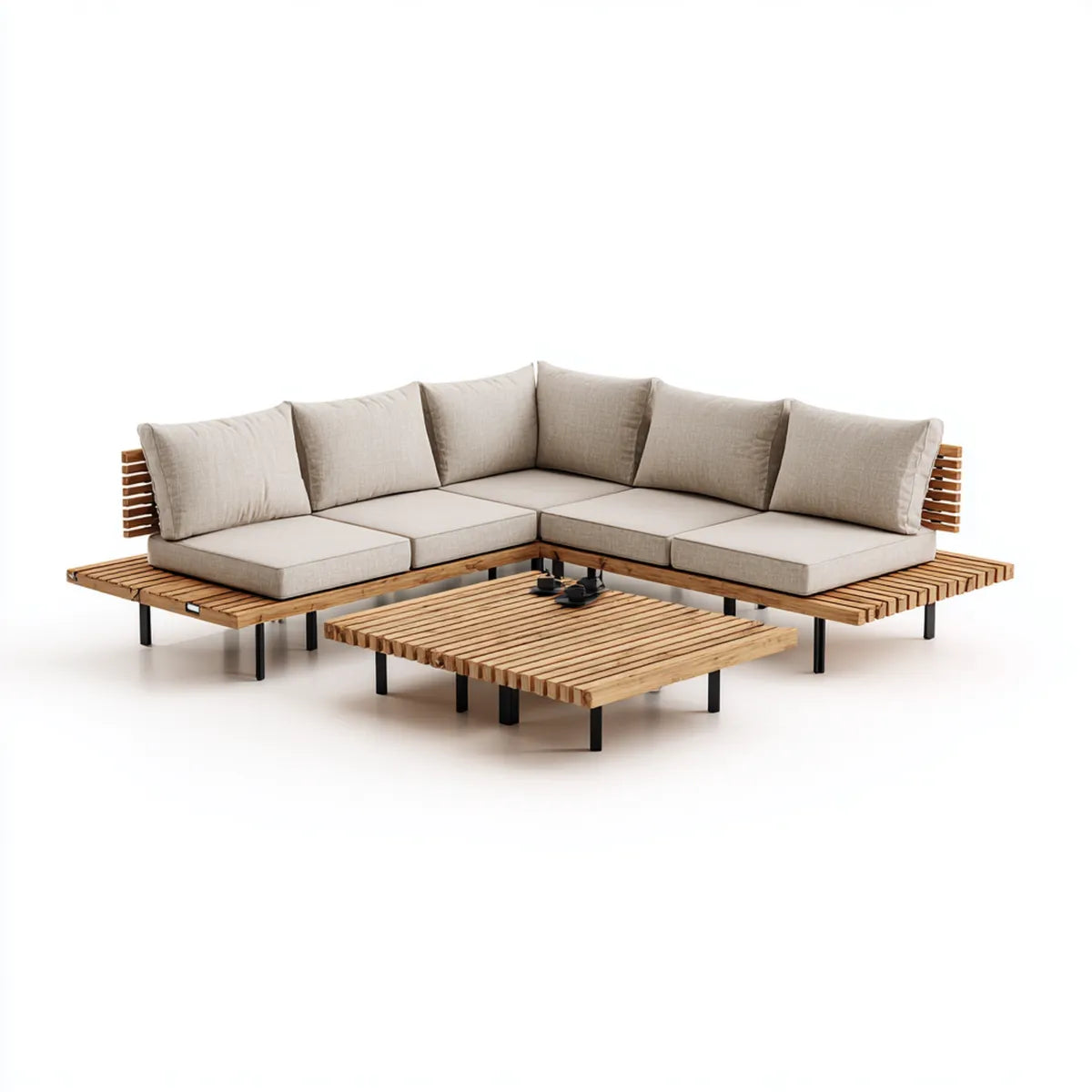 Sofa ogrodowa, Ustaw kanapę narożną ogrodową 5 miejsc z beżowym stołem w litym drewnie akacyjnym 250 x 250 x 78 cm