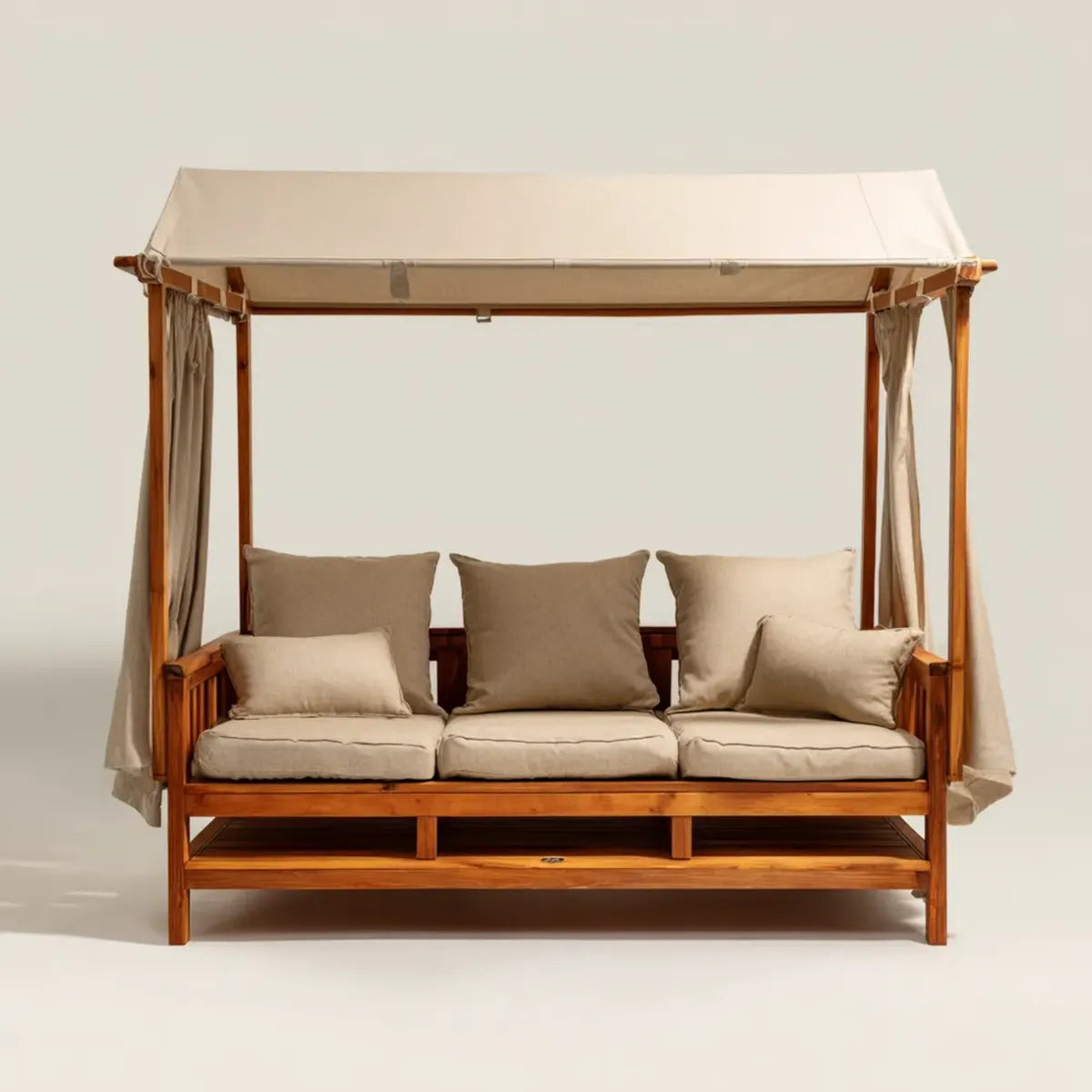 Sofa ogrodowa, Tapczan ogrodowy 3 fotele z beżowym baldachimem 200 x 75 x 200 cm w prostokątnym litym drewnie