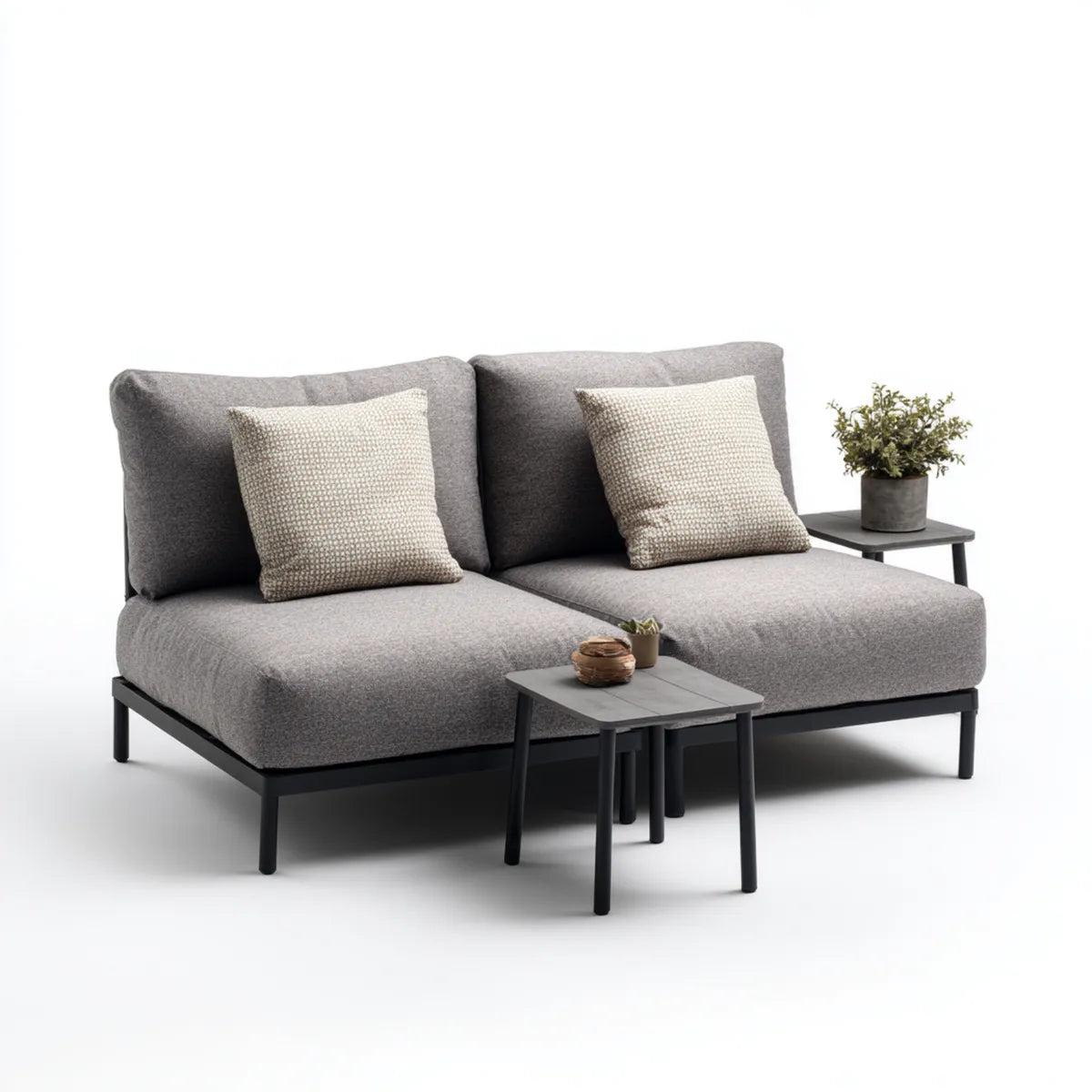 Sofa ogrodowa, Zestaw sofa ogrodowa 2 szare siedzenia ze stalowym i poliestrowym stołem 180 x 90 x 78 cm