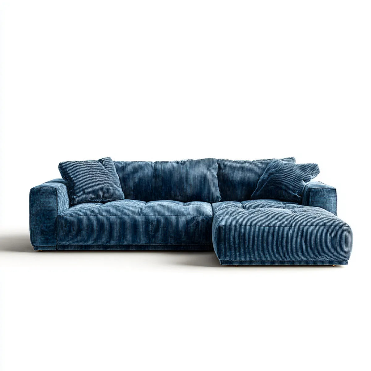 Sofa, 3 fotela olej niebieski sofa z prosto szezlongiem w żebrowany aksamit 285 x 170 x 85 cm