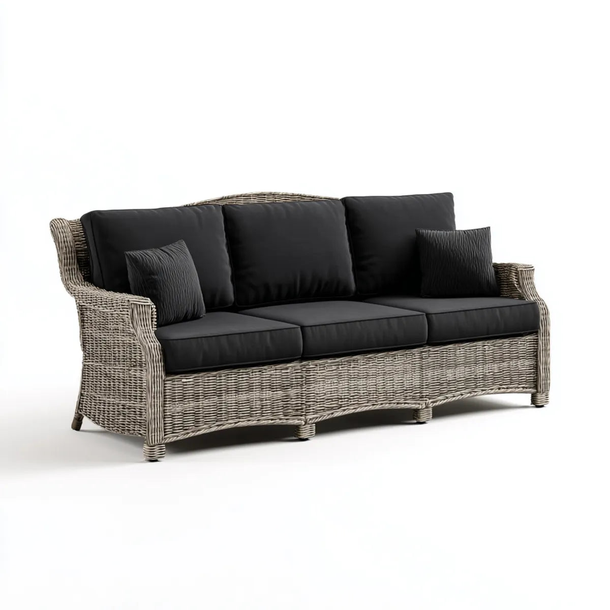Sofa ogrodowa, 3 siedzenia szare i czarne rattan PE sofa ogrodowa z poduszkami 210 x 85 cm, 210 x 85 x 85 cm